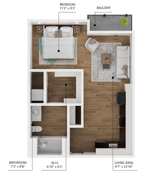 Floor plan for studio, 1 bath, 569 sqft